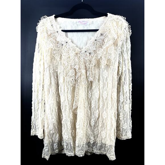 Pretty Angel Ruffles Beads & Lace Silk Blend Blouse Women's Size XL Fairy CC35 - Picture 1 of 13